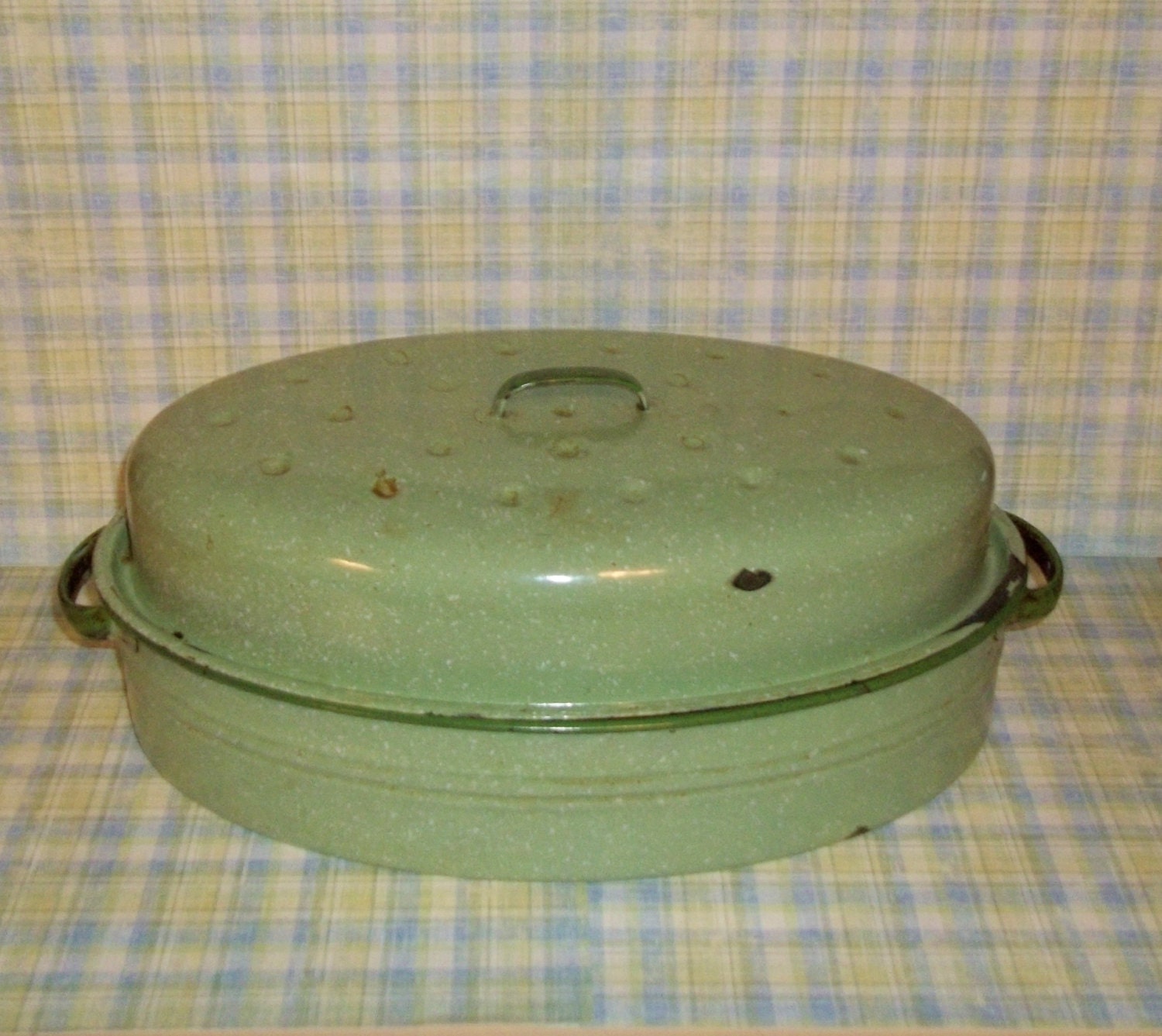 Vintage Speckled Green Enamel Roaster Pan / Pot / by CountryMini