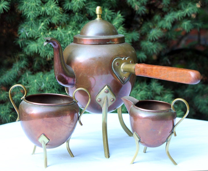 Copper Coffee Pot, Cream, and Sugar Set. Copper Coffee Serving Dishes ...