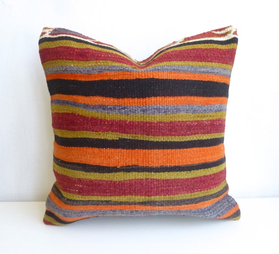 Orange Burgundy and olive Kilim Pillow Cover with by SophiesBazaar