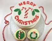 Christmas Party Package - One 6 Inch Christmas Fondant Cake Topper and 12 Christmas Cupcake Fondant Toppers,Candy Cane, Christmas Wreath Il_170x135