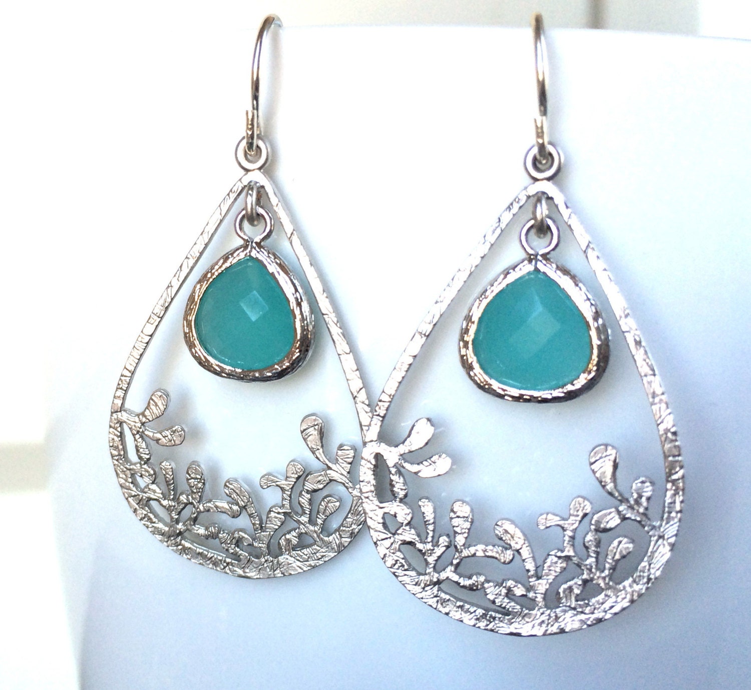 Mint Aqua Turquoise Teardrop Silver Earring Aqua Mint Framed