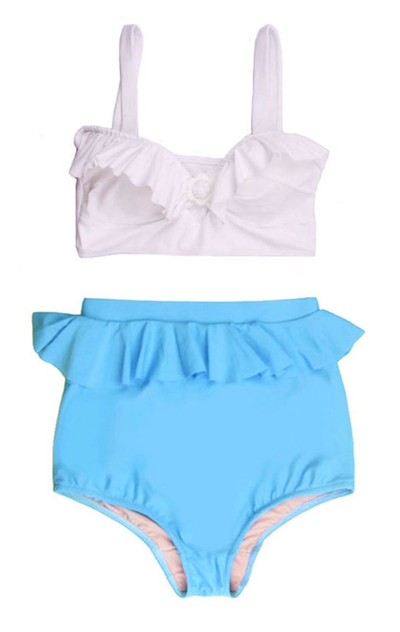 White Top and Blue Peplum High Waisted Waist Shorts Bottom