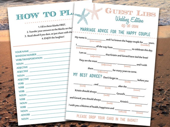 Beach Wedding Mad Libs Guest Libs Wedding Game Printable