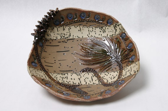 birch bark pine branch and pine cone ceramic bowl handbuilt birch bark pine branch and pine cone ceramic bowl handbuilt