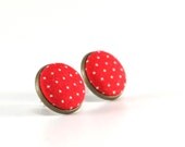 Red Polka Dots Stud Earrings - Earring Studs - Fabric Covered Buttons Earrings Posts Jewelry