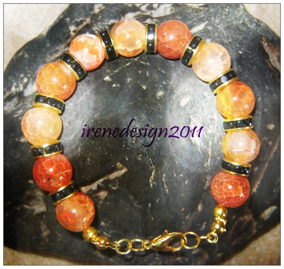 Handmade Gold Bracelet with Yellow Dream Dragon Fire Vein Agate by IreneDesign2011