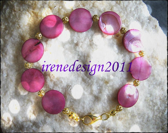 Handmade Gold Bracelet with Pink Seashell Coins by IreneDesign2011