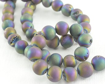 Druzy Agate Geode Round Beads Half Strand, 7 1/2 inches 12mm, 16 loose beads Teal Peacock Druzy Titanium Coated Metallic Druzy Agate KJ