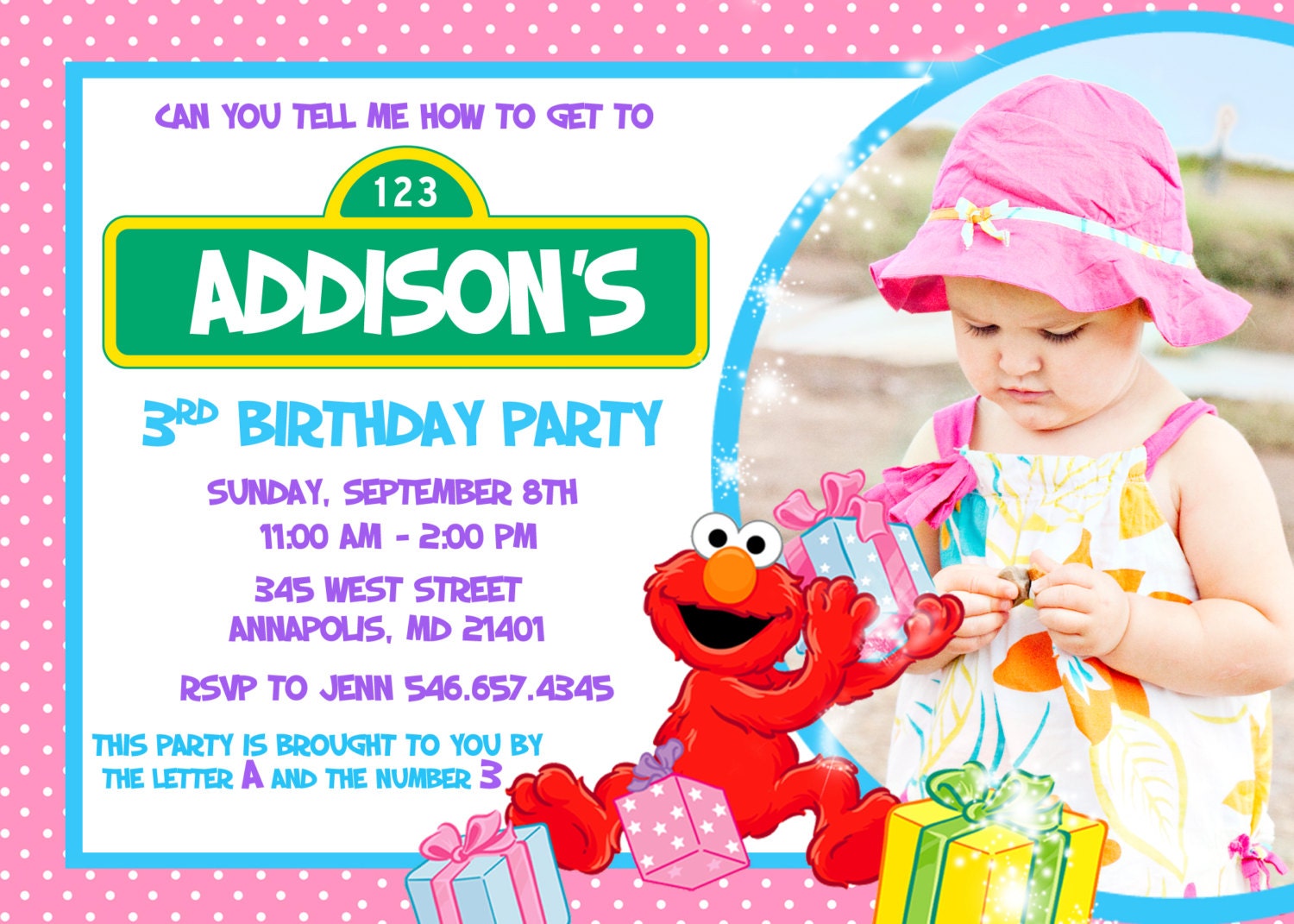 Elmo Birthday Party Pink Girl Invitation Digital File