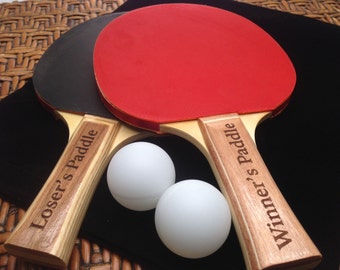 Set of 2 Ping Pong Paddles PERSONALIZED Black/Red with Engraved Handles, 2 blank Ping Pong Balls, groomsmen gift, wedding party gift
