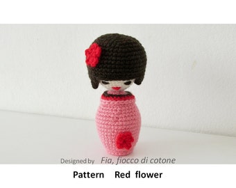 Pattern Red flower ,kokeshi doll amigurumi crochet