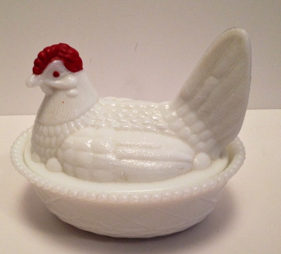 Westmoreland Milk Glass Chicken On Nest with Red Comb Hen on