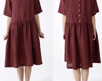 141---Peter Pan Collar Burgendy Washed Ramie Dress, Plus Size Clothing, Ivory Dress, Off White Dress, Dark Red Dress, Made to Measure.