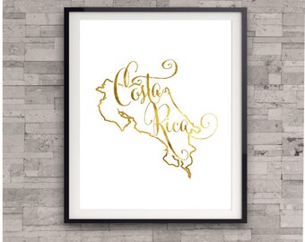 Costa Rica Map Print, GOLD FOIL PRINT, Home Country Map, Gold Art Print, Shiny Gold Print, Foil Art Print, Bedroom Wall Art, Travel Poster