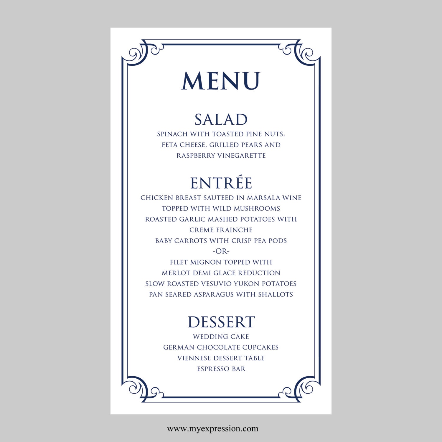 Wedding Menu Card Template Ornate Frame Navy by 