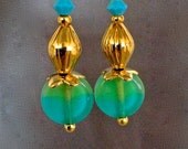 Teal Blue earring, turquoise earring, geometric earring, drop, green and gold, Minimalist earring, glass earring, Czech earring, handmade