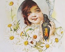 Girl with Blackbird VINTAGE LITHOGRAPH from Hazel Pearson Handicrafts - il_214x170.628237214_hzu3