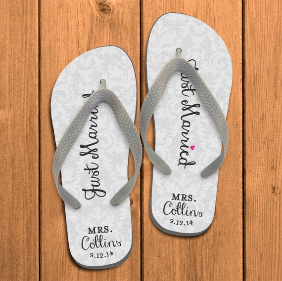 Just Married Damask Personalized Flip Flops by PaperSoPrettyGifts