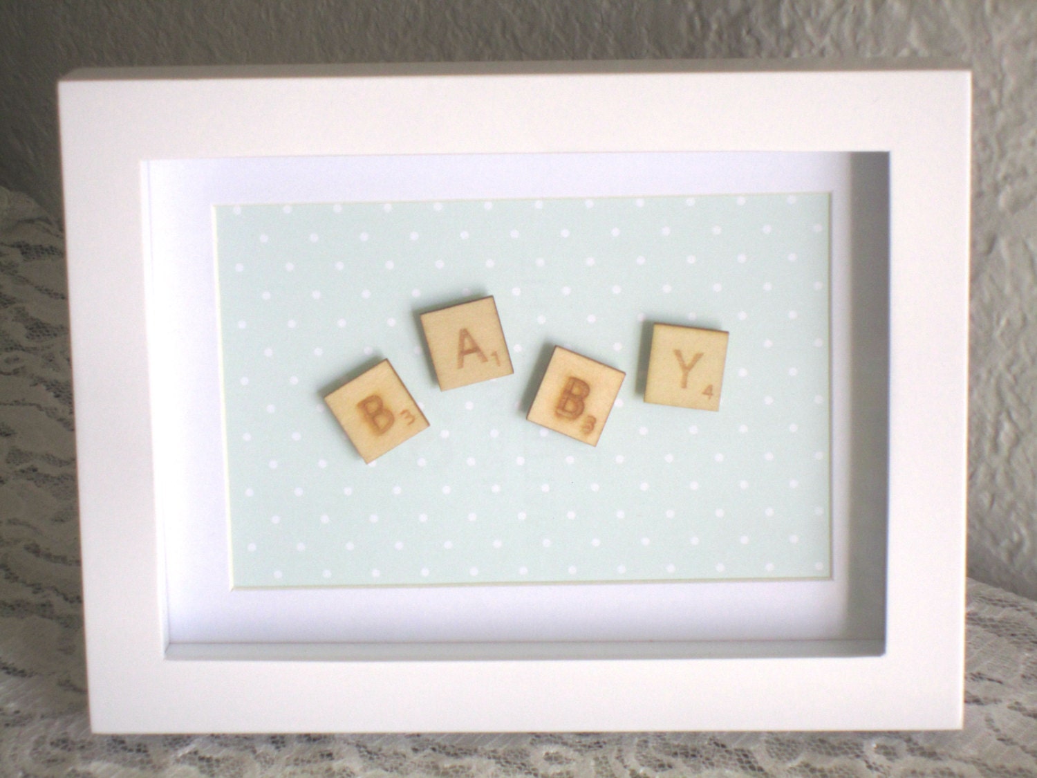 Baby shadow box art scrabble letters by RockabyeBabyGifts on Etsy