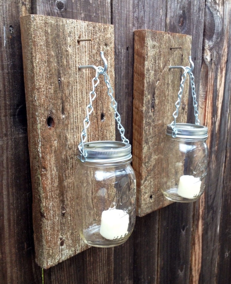 Rustic barn wood mason jar wall sconces