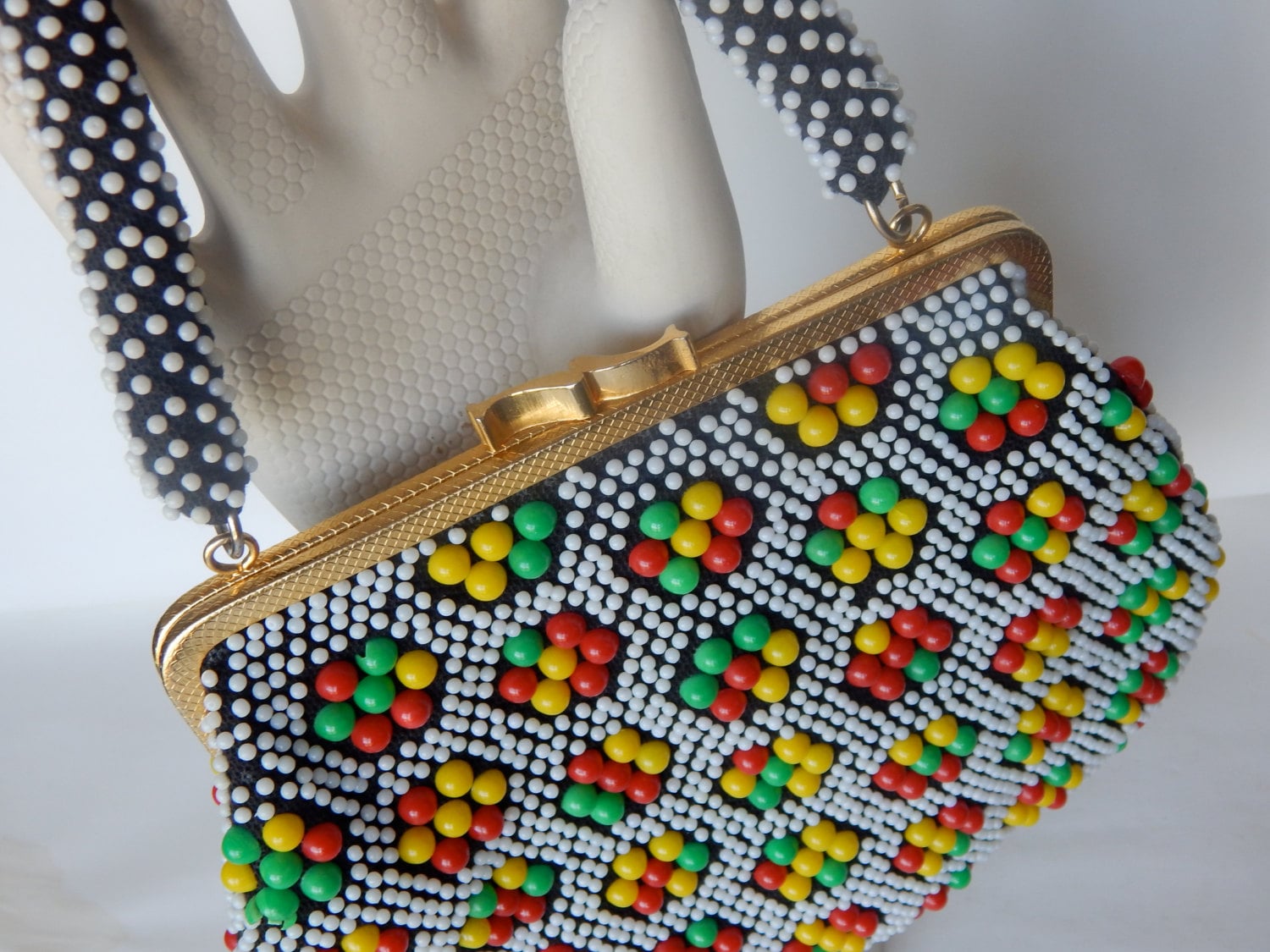 Black Plastic Multi-Color Bead Purse Handbag c.1960&#39;s
