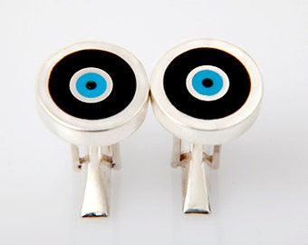 Greek Evil Eye Cufflinks with 975 Silver, Turquoise and Black Enamel
