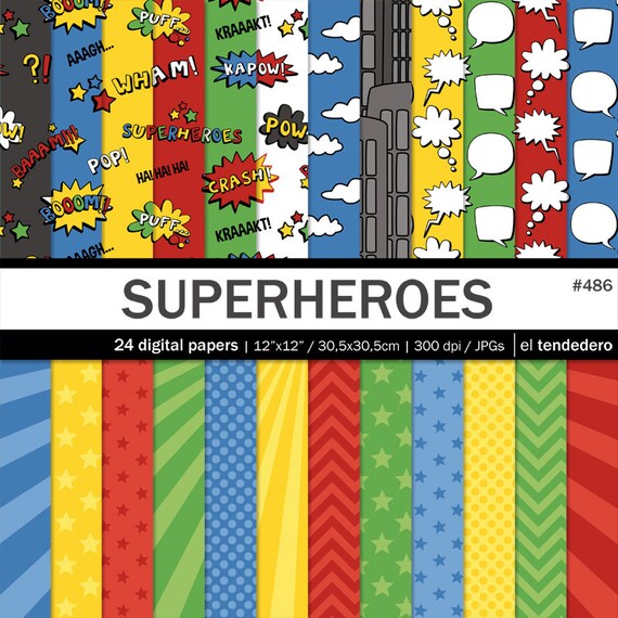 Superhero digital paper pack Superheroes with comic by eltendedero