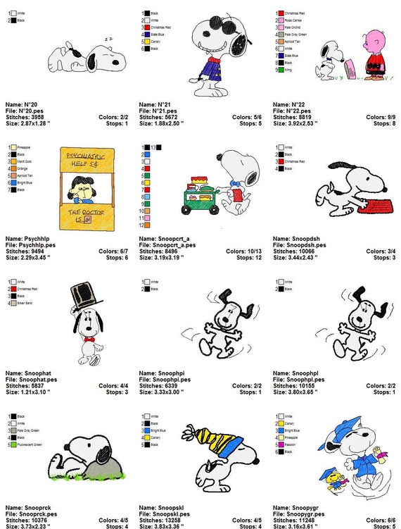 40 Snoopy Peanuts Cartoon Character Embroidery Machine Designs