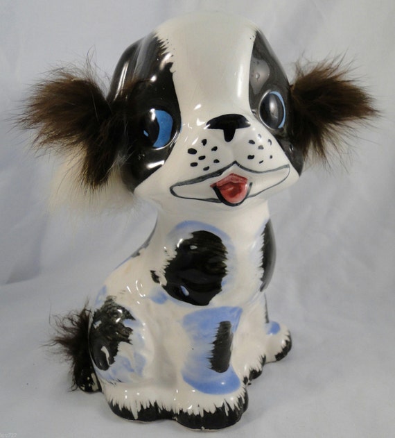 Vintage Dog Figurine Japan Spotted Faux Fur Ears FREE SHIPPING