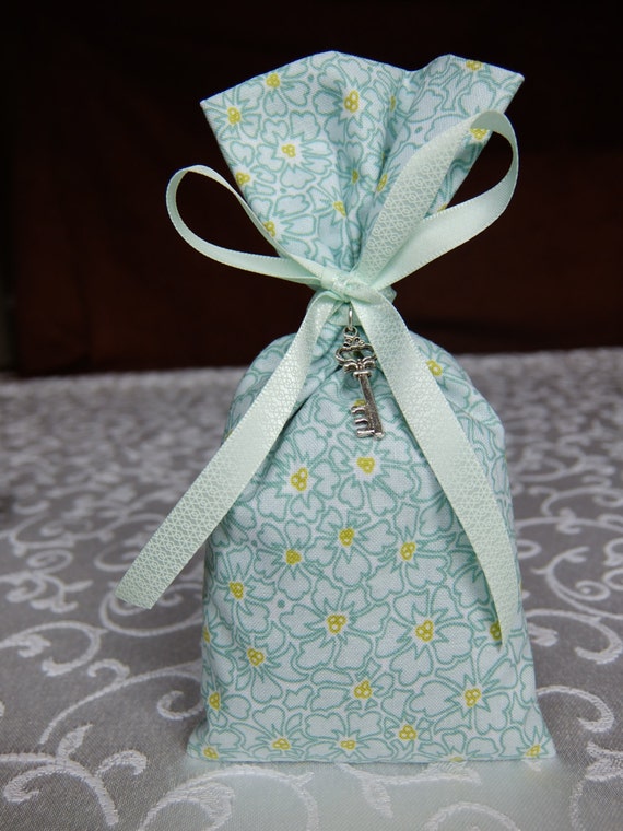 Download Flowered Teal Fabric Sachet Bag with Antique Key Silver Metal