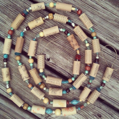 Handmade, beaded wine cork garland with turquoise, silver, and wooden accents.