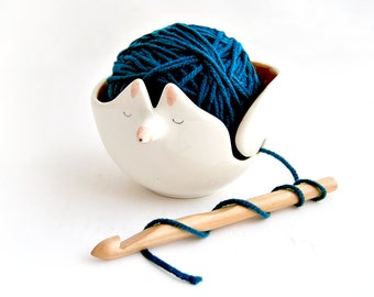 Ceramic Fox Yarn Bowl/ Knitting Bowl/ Crochet Bowl, Decorated in Orange Color with White Polka Dots Inside. Ready To Ship