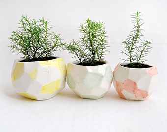 Set of Three Faceted Ceramic Planters, Ceramic Pots, Decorated in Green, Red and Yellow. Ready To Ship