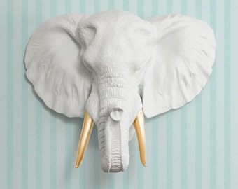 White Faux Elephant Head by Wall Charmers Faux Taxidermy - Faux Animal Resin Wall Mount Fauxidermy - Boho Wall Decor - African Wall Art