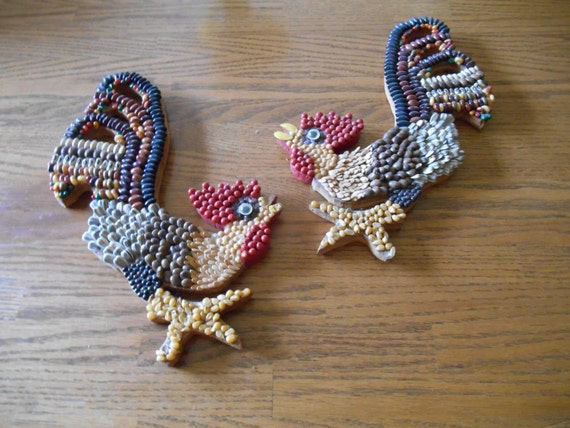Folk Art Chickens, Made in Oregon by Mom and Pop, 1960's Seeds, Elderberries, Best Esty Folk Art, Rustic, Vintage, Great Gift to Chicken Fan