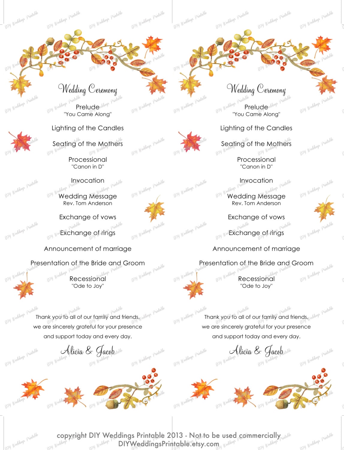 Fall Wedding program template Fall leaves by diyweddingsprintable