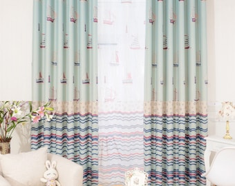 A Pair of Baby Nursery Kid Bedroom Blackout curtains with Nautical Print. Sea Sailing Boat Theme 