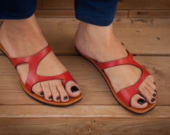 Red Leather Sandals, Red Sandals, Asymmetric Sandals, Summer Shoes, Flipflops, Flat Sandals , Free Shipping