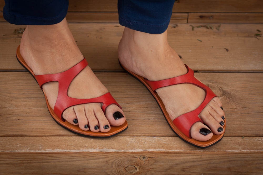 Red Leather Sandals Red Sandals Asymmetric Sandals Summer 