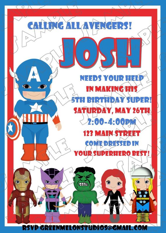 Avengers Captain America inspired birthday party printable invitations UPrint customized card by greenmelonstudios Il_570xn
