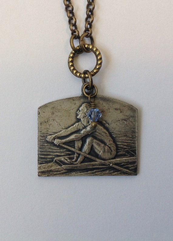 Vintage medal, rowing medal, 1936, medal necklace, antique silver medal, sports medal,vintage style,handmade,Swarovski crystal,blue,upcycled