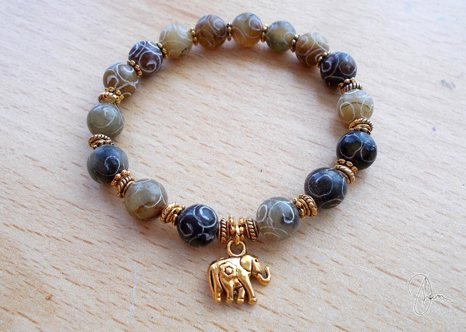 Jade Elephant Bracelet Carved Beaded Gold/Silver Boho