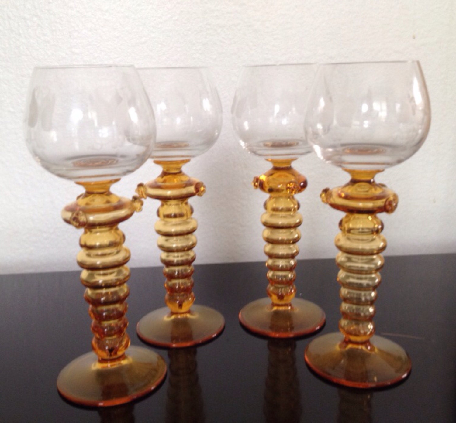 4 German Roamer Amber Etched Crystal Wine Glasses With Prunes