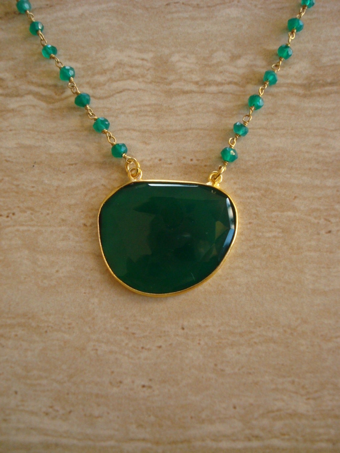 Green Onyx Bezel Necklace With Rosary Chain Vermeil Green Onyx