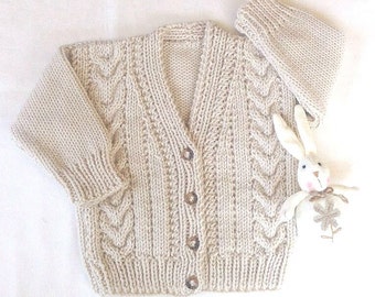 Childs Aran knit cardigan - 2 - 3 years - Kids Aran sweater - Beige Toddler sweater - Knit baby clothes