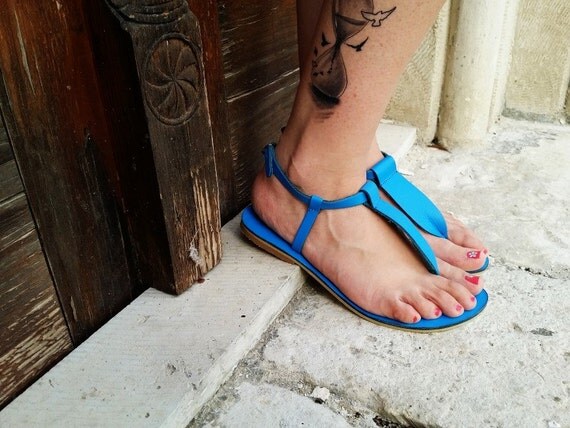 Blue Leather Thong Sandal Greek Leather Sandals