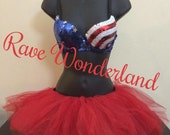 America USA Patriotic Flag Sequin Bra Bling Rave Outfit Bra and Red Tutu Full Outfit UMF EDC