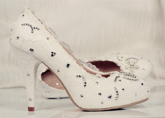 Wedding Shoes, Lace Bridal Shoes, Crystal Wedding Shoes,Bridesmaid Shoes, Diamante Flower Shoes, Beaded Lace Shoes, Party Shoes, Prom Shoes