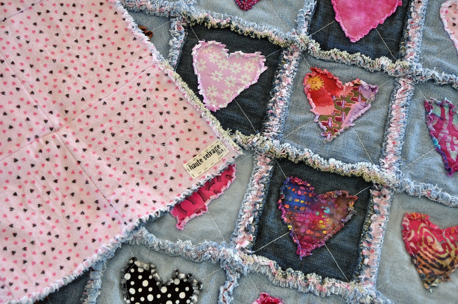 Denim Rag Heart Quilt 33x33 Recycled soft worn