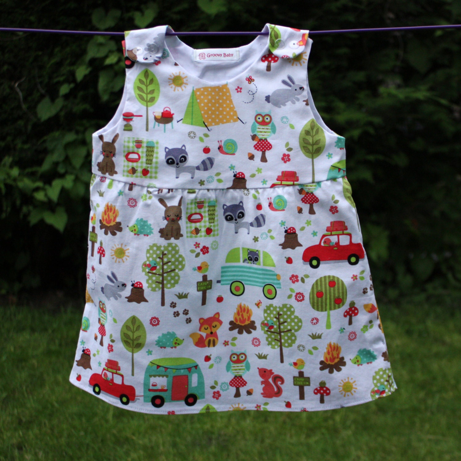 Baby girl's dress in cute camping themed by GroovyBabyClothing